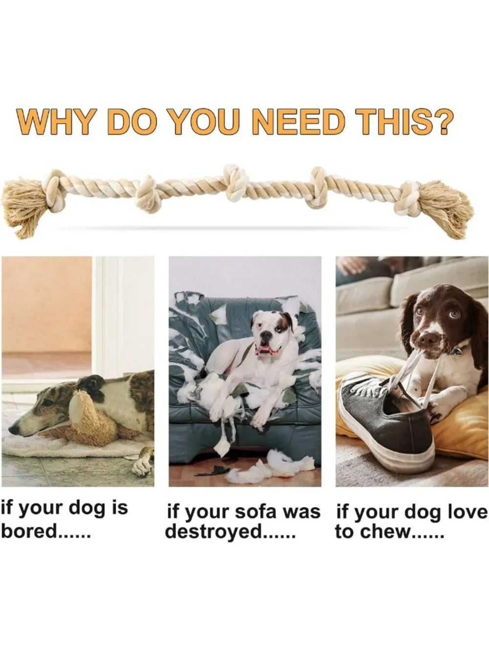 Durable Dog Rope Toy for Large Aggressive Chewers - 3ft Tug & Chew, Teeth